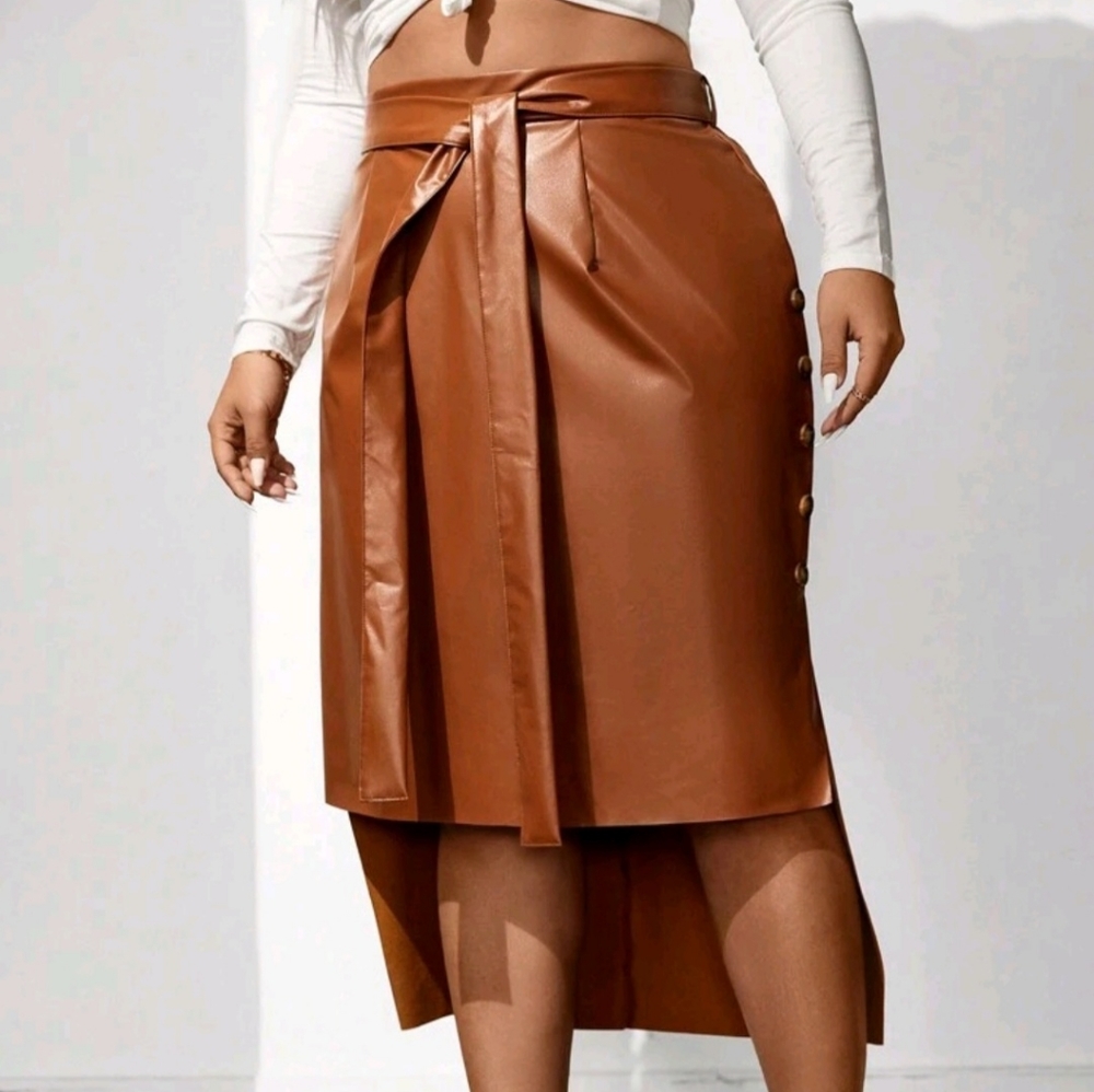 Brown High-Low Tie Waist Leather Skirt
